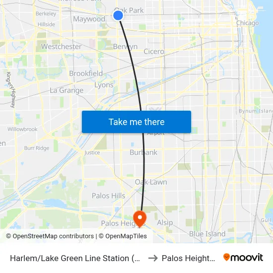 Harlem/Lake Green Line Station (West) to Palos Heights, IL map