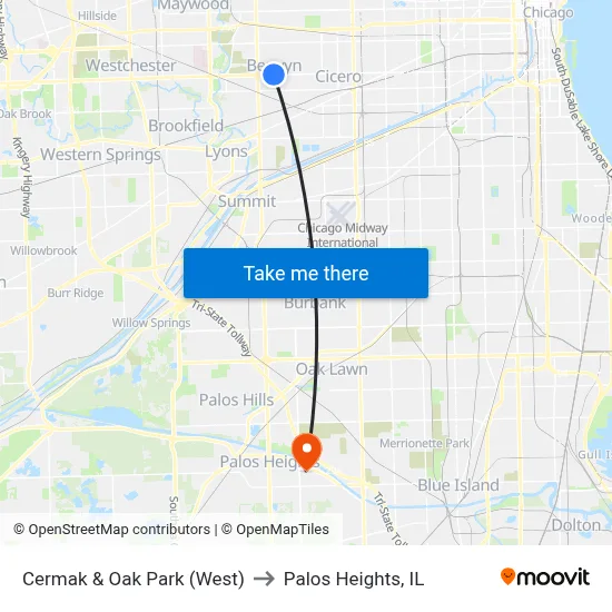 Cermak & Oak Park (West) to Palos Heights, IL map