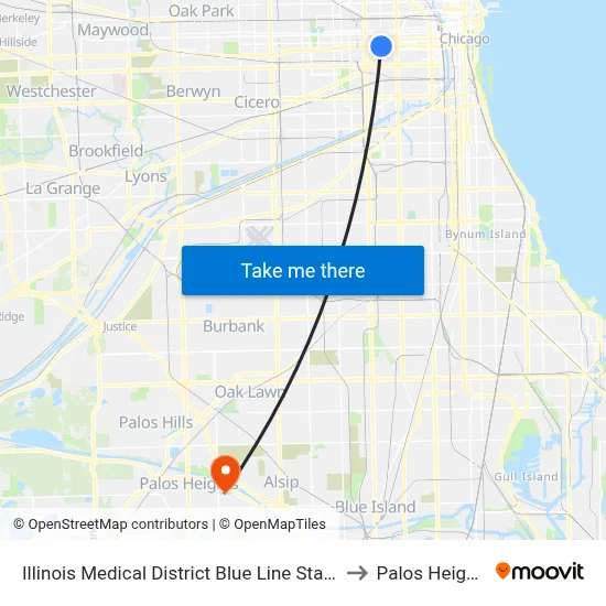 Illinois Medical District Blue Line Station (North) to Palos Heights, IL map