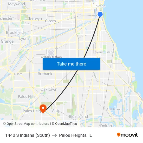 1440 S Indiana (South) to Palos Heights, IL map