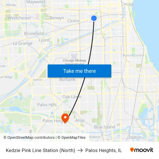 Kedzie Pink Line Station (North) to Palos Heights, IL map
