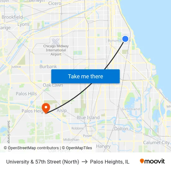 University & 57th Street (North) to Palos Heights, IL map