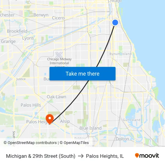 Michigan & 29th Street (South) to Palos Heights, IL map