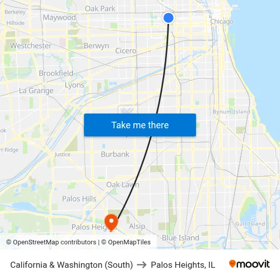 California & Washington (South) to Palos Heights, IL map
