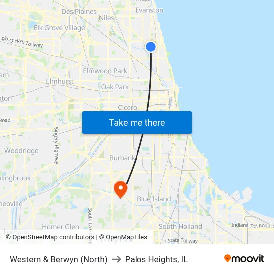 Western & Berwyn (North) to Palos Heights, IL map
