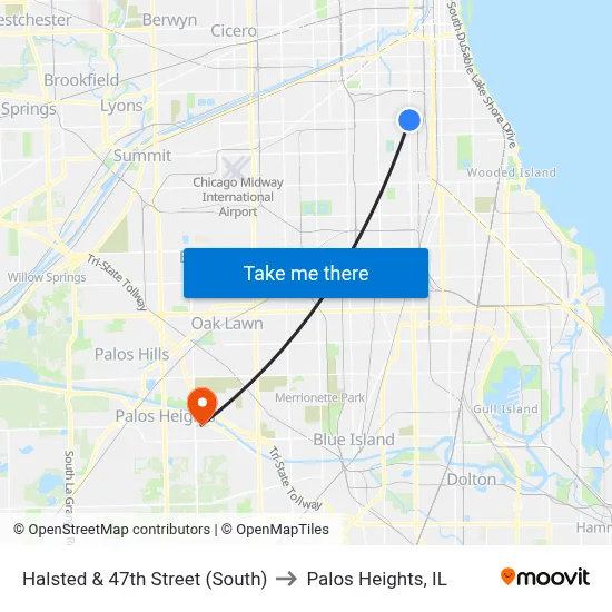 Halsted & 47th Street (South) to Palos Heights, IL map