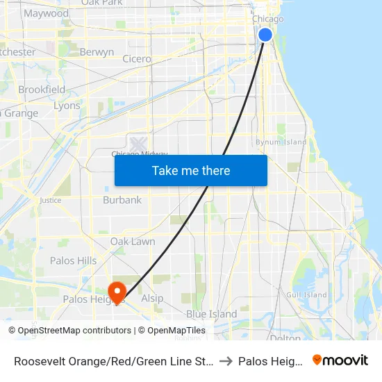 Roosevelt Orange/Red/Green Line Station (West) to Palos Heights, IL map