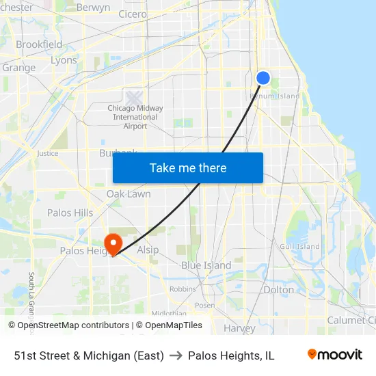 51st Street & Michigan (East) to Palos Heights, IL map