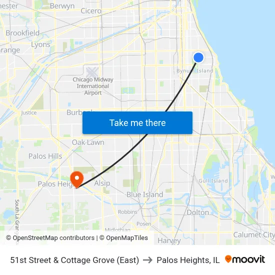 51st Street & Cottage Grove (East) to Palos Heights, IL map