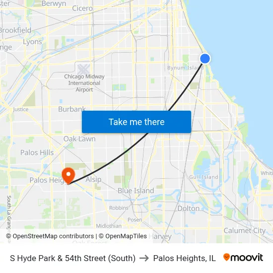 S Hyde Park & 54th Street (South) to Palos Heights, IL map