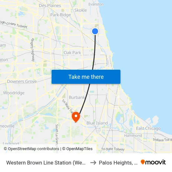 Western Brown Line Station (West) to Palos Heights, IL map