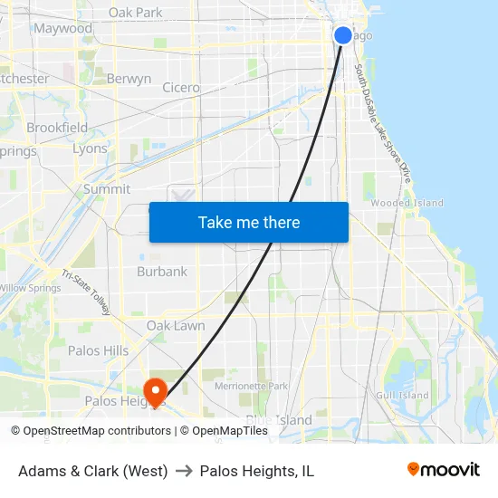 Adams & Clark (West) to Palos Heights, IL map