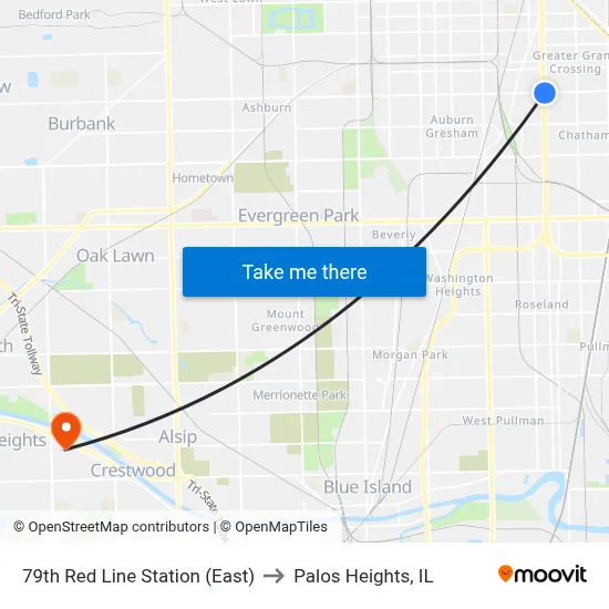 79th Red Line Station (East) to Palos Heights, IL map