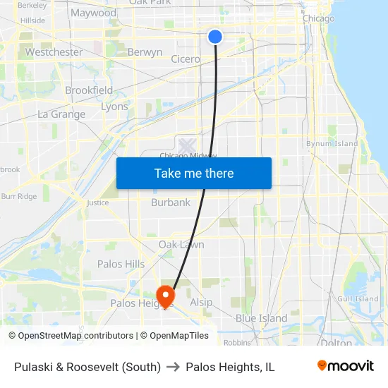 Pulaski & Roosevelt (South) to Palos Heights, IL map