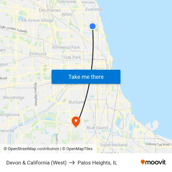 Devon & California (West) to Palos Heights, IL map
