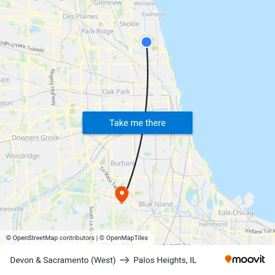 Devon & Sacramento (West) to Palos Heights, IL map