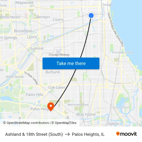 Ashland & 18th Street (South) to Palos Heights, IL map
