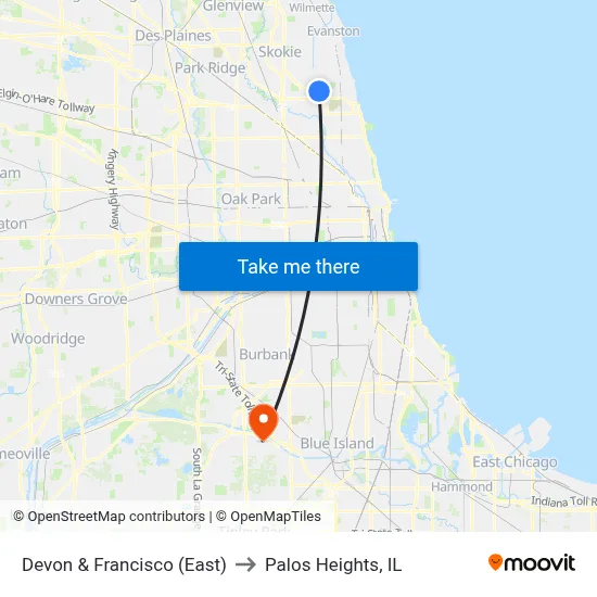 Devon & Francisco (East) to Palos Heights, IL map