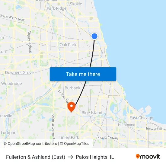 Fullerton & Ashland (East) to Palos Heights, IL map
