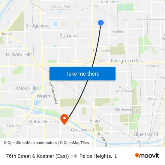 76th Street & Kostner (East) to Palos Heights, IL map