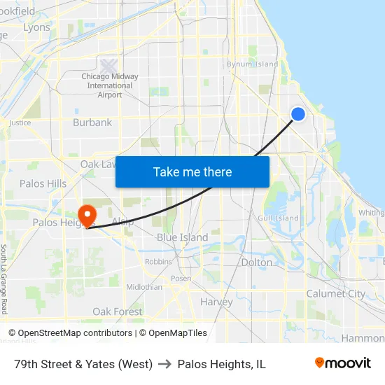 79th Street & Yates (West) to Palos Heights, IL map