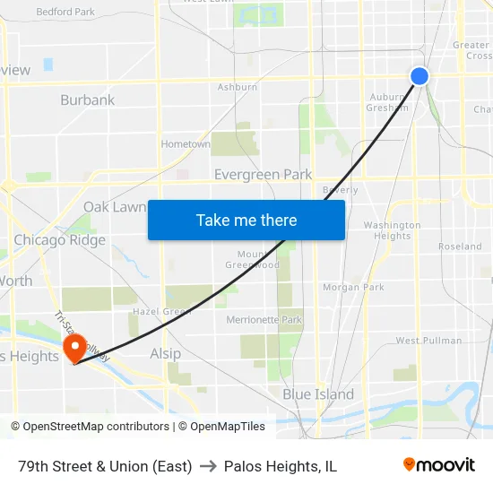 79th Street & Union (East) to Palos Heights, IL map