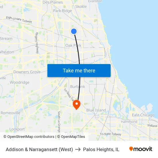 Addison & Narragansett (West) to Palos Heights, IL map