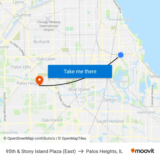 95th & Stony Island Plaza (East) to Palos Heights, IL map