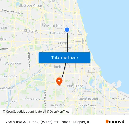 North Ave & Pulaski (West) to Palos Heights, IL map