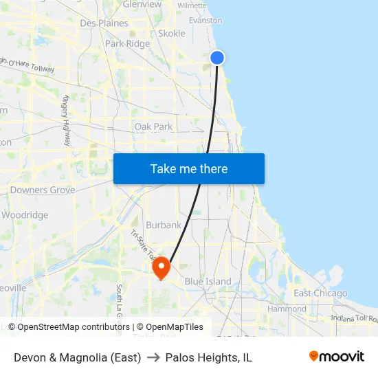 Devon & Magnolia (East) to Palos Heights, IL map
