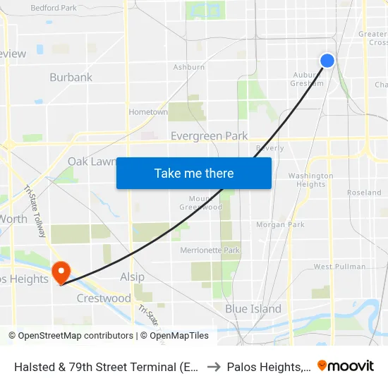 Halsted & 79th Street Terminal (East) to Palos Heights, IL map