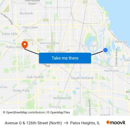 Avenue O & 126th Street (North) to Palos Heights, IL map