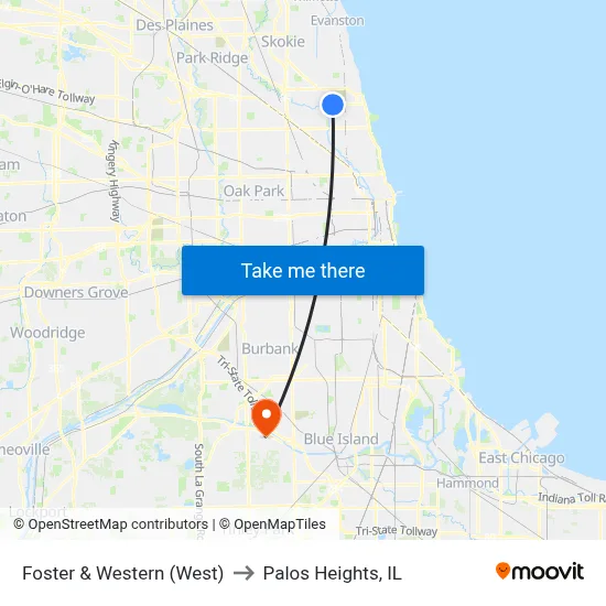 Foster & Western (West) to Palos Heights, IL map