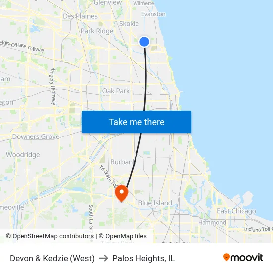 Devon & Kedzie (West) to Palos Heights, IL map