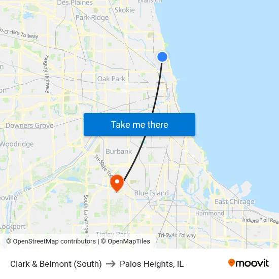 Clark & Belmont (South) to Palos Heights, IL map