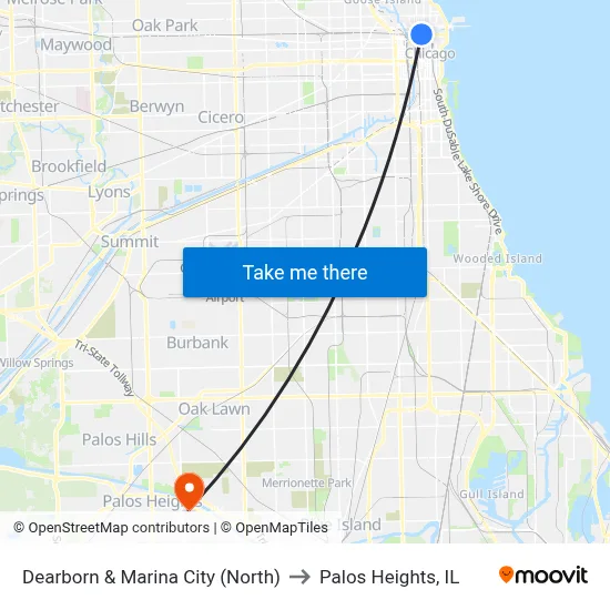 Dearborn & Marina City (North) to Palos Heights, IL map