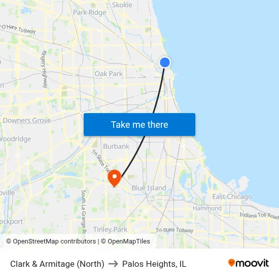 Clark & Armitage (North) to Palos Heights, IL map