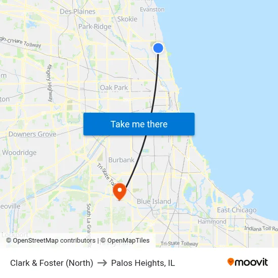 Clark & Foster (North) to Palos Heights, IL map