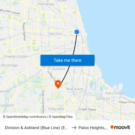 Division & Ashland (Blue Line) (East) to Palos Heights, IL map