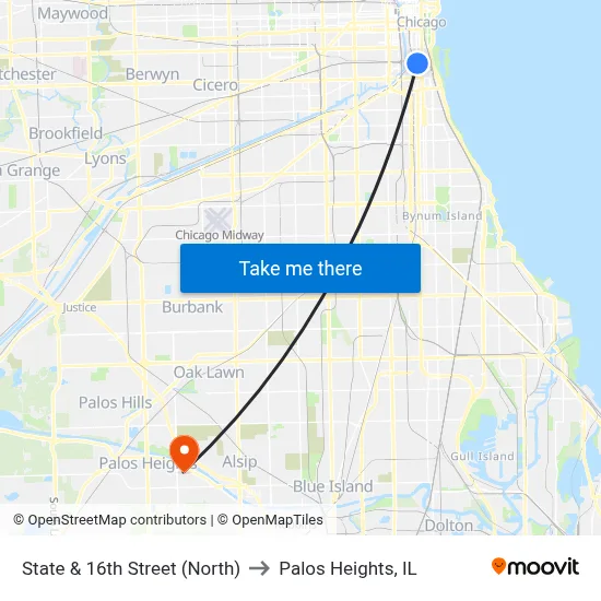 State & 16th Street (North) to Palos Heights, IL map
