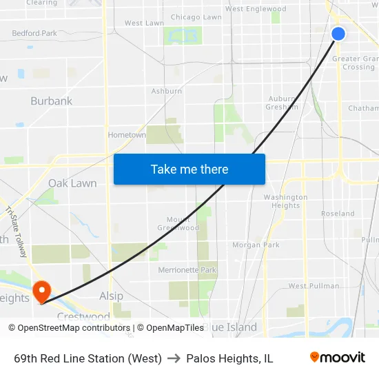 69th Red Line Station (West) to Palos Heights, IL map