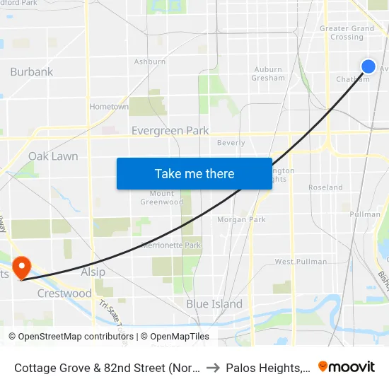 Cottage Grove & 82nd Street (North) to Palos Heights, IL map