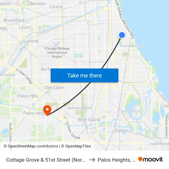 Cottage Grove & 51st Street (North) to Palos Heights, IL map