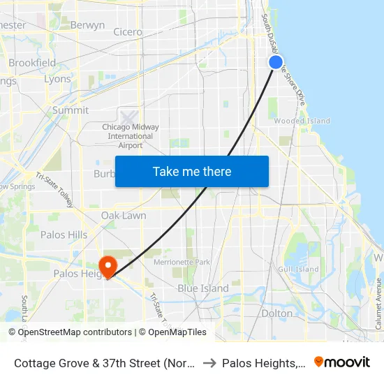 Cottage Grove & 37th Street (North) to Palos Heights, IL map