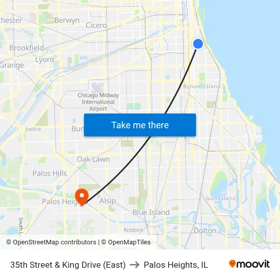 35th Street & King Drive (East) to Palos Heights, IL map