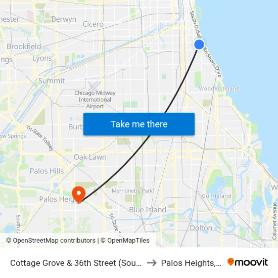 Cottage Grove & 36th Street (South) to Palos Heights, IL map