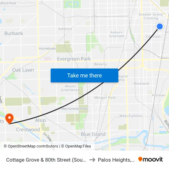 Cottage Grove & 80th Street (South) to Palos Heights, IL map
