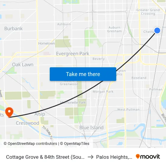 Cottage Grove & 84th Street (South) to Palos Heights, IL map
