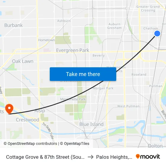 Cottage Grove & 87th Street (South) to Palos Heights, IL map