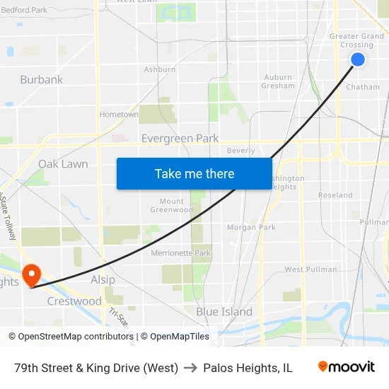 79th Street & King Drive (West) to Palos Heights, IL map